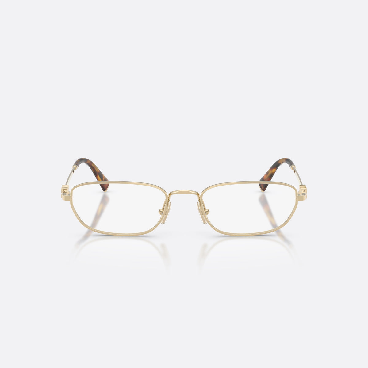 Miu Miu MU 52ZV ZVN1O1 eyeglasses, gold irregular frame for women, plain metal bridge, brand lettering on temples, front view