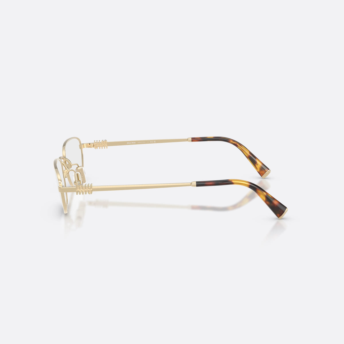 Miu Miu MU 52ZV ZVN1O1 eyeglasses, gold irregular frame for women, plain metal bridge, brand lettering on temples, side view