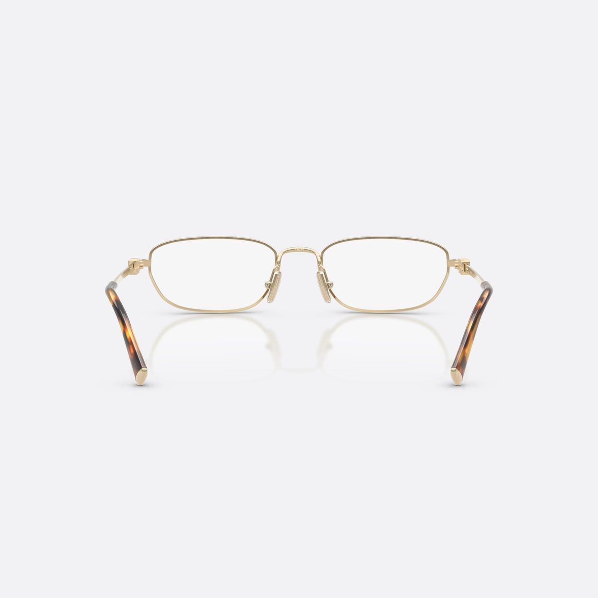 Miu Miu MU 52ZV ZVN1O1 eyeglasses, gold irregular frame for women, plain metal bridge, brand lettering on temples, back view