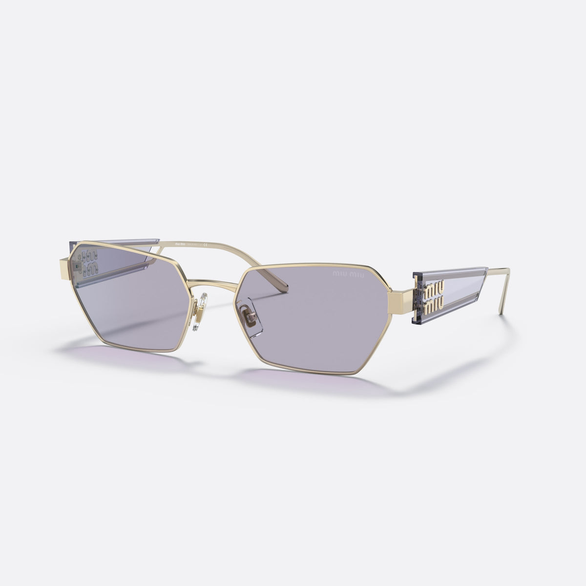 Miu Miu MU 53WS ZVN05S sunglasses, gold irregular frame for women, plain metal bridge, brand lettering on temples