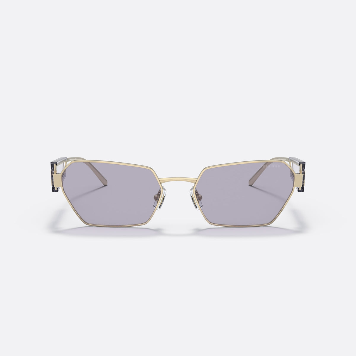 Miu Miu MU 53WS ZVN05S sunglasses, gold irregular frame for women, plain metal bridge, brand lettering on temples, front view