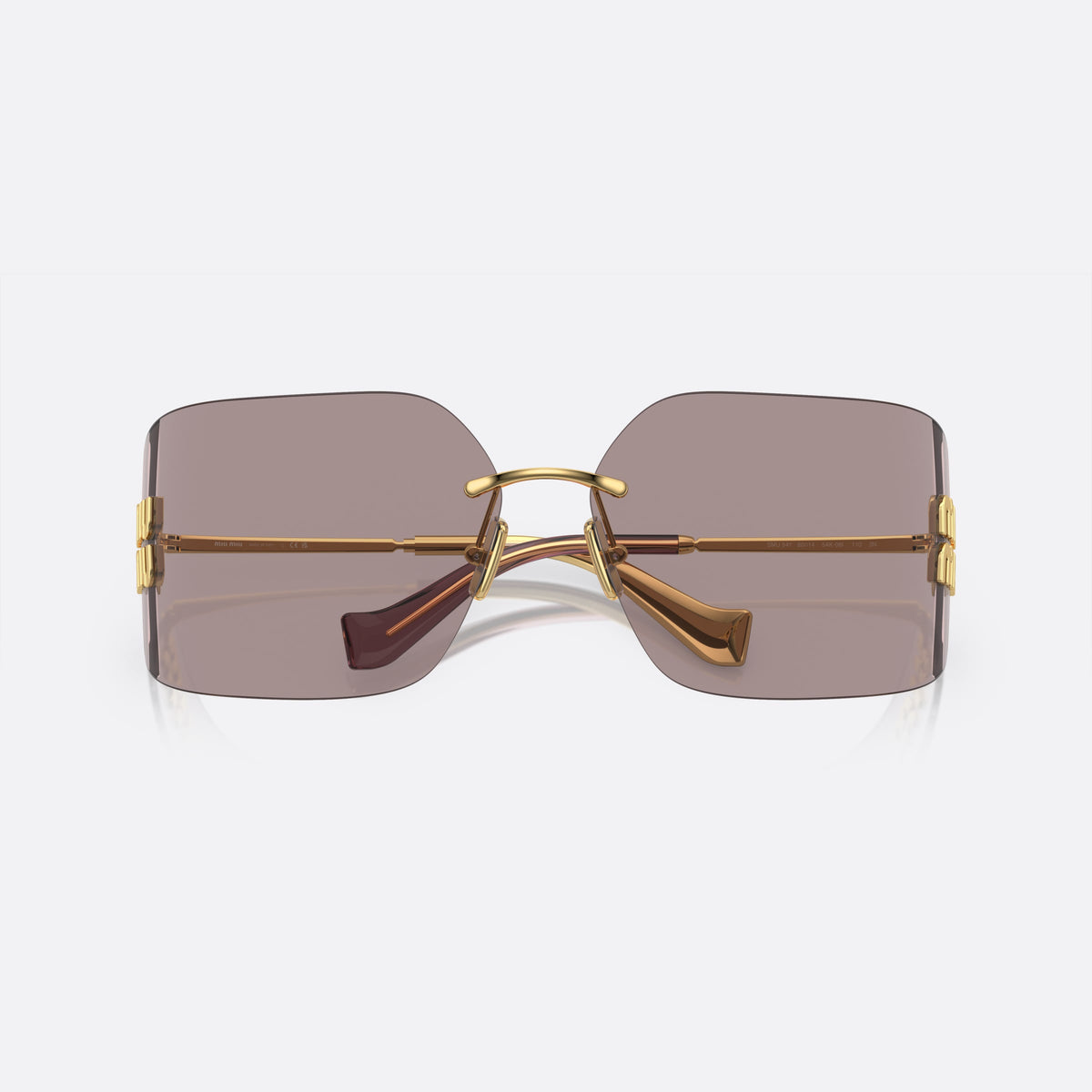 Miu Miu MU 54YS 5AK0/6I sunglasses, gold irregular frame for women, thin metal bridge, brand lettering on temples, folded