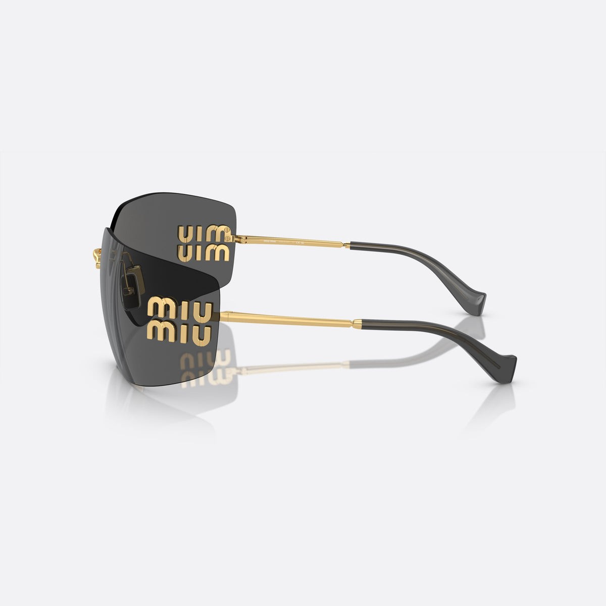 Miu Miu MU 54YS 5AK5/S0 sunglasses, gold irregular frame for women, thin metal bridge, brand lettering on temples, side view