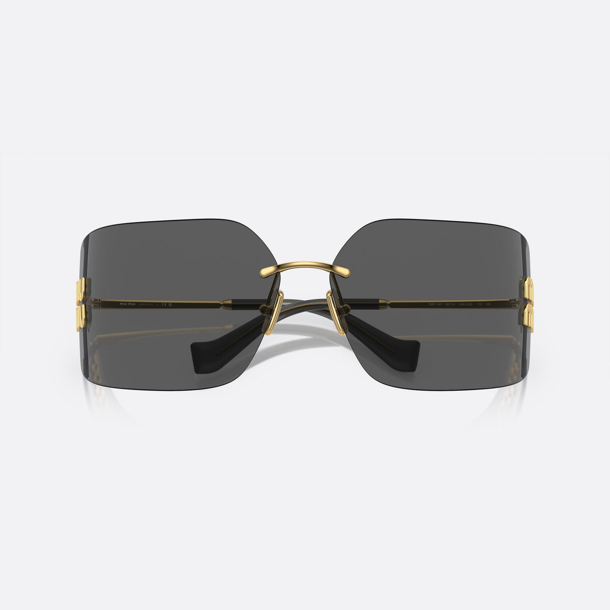 Miu Miu MU 54YS 5AK5/S0 sunglasses, gold irregular frame for women, thin metal bridge, brand lettering on temples, folded