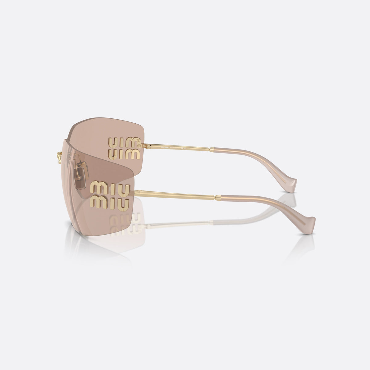Ochelari de soare Miu Miu MU 54YS ZVN-20F, geometrica auriu, pentru femei, punte metalică subțire, literele brandului pe brațe, vedere laterală