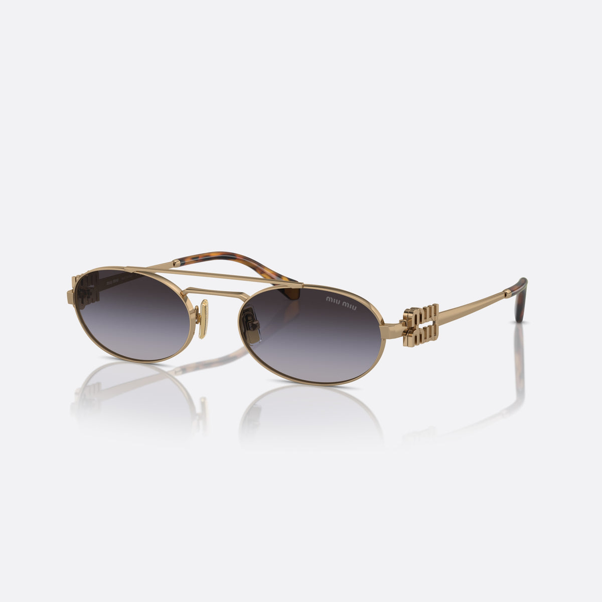 Miu Miu MU 54ZS 7OE-5D1 sunglasses, yellow oval frame for women, double bridge with metal bar, brand logo plaque on temples