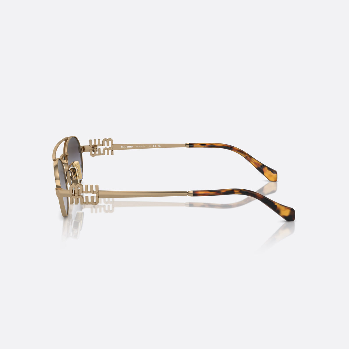 Miu Miu MU 54ZS 7OE-5D1 sunglasses, yellow oval frame for women, double bridge with metal bar, brand logo plaque on temples, side view