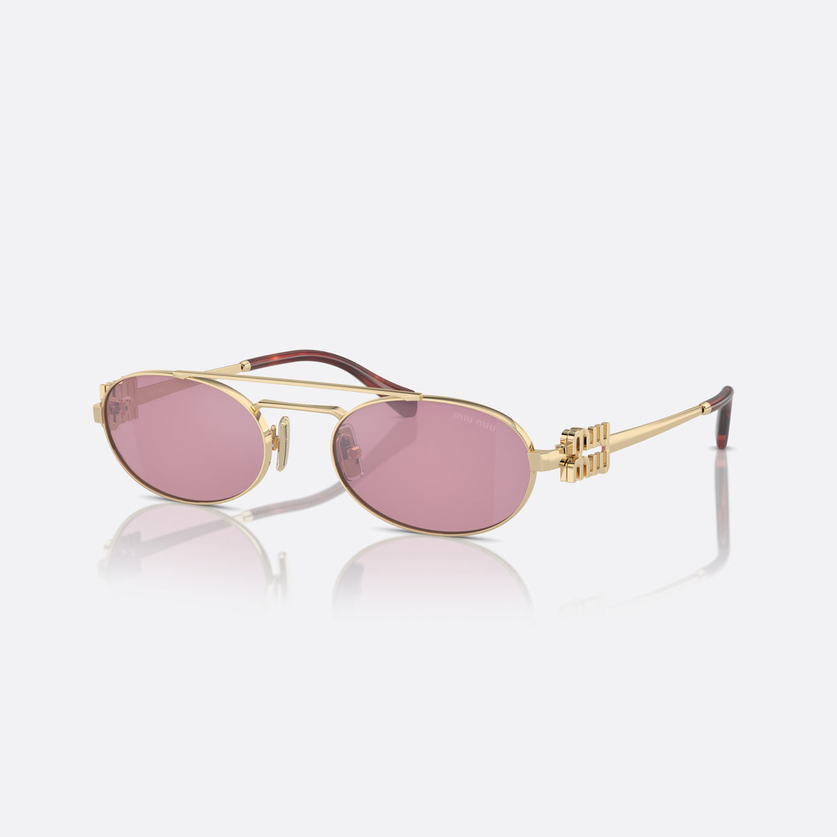 Miu Miu MU 54ZS ZVN-50D sunglasses, gold oval frame for women, double bridge with top bar, brand lettering on the temples