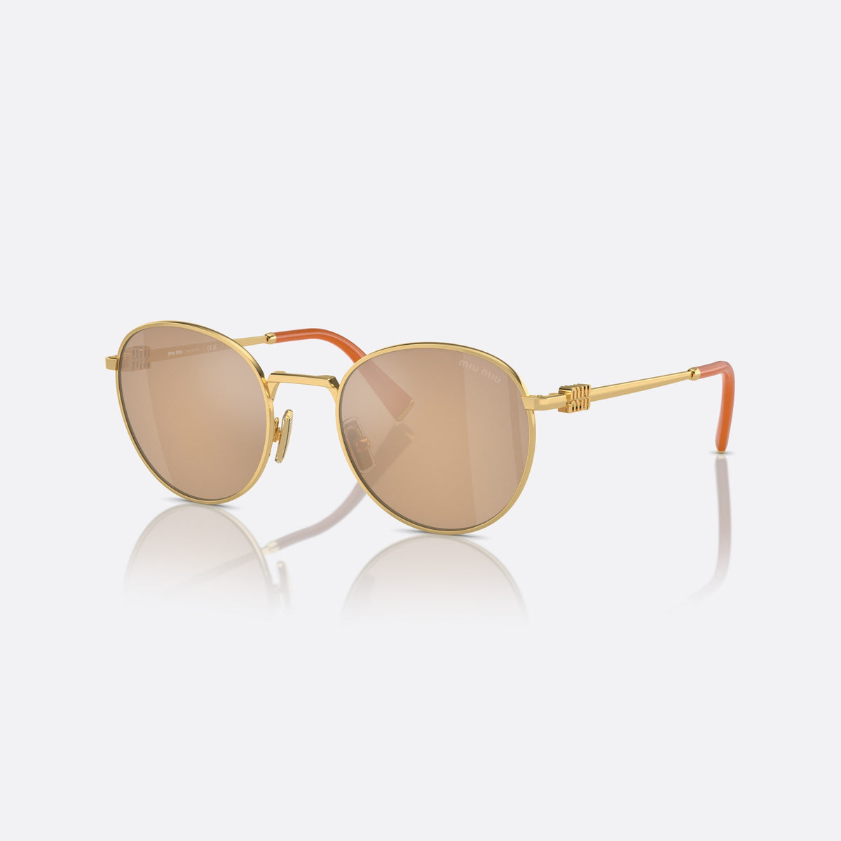 Miu Miu MU 55ZS 5AK-40D sunglasses, gold round frame for women, plain metal bridge, brand logo plaque on temples