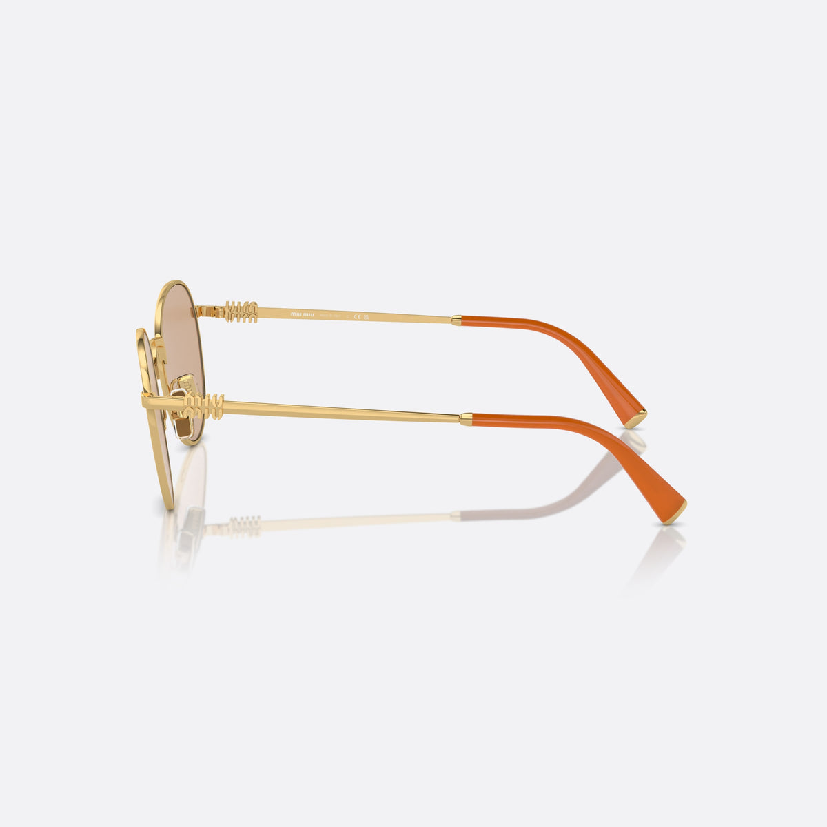 Miu Miu MU 55ZS 5AK-40D sunglasses, gold round frame for women, plain metal bridge, brand logo plaque on temples, side view