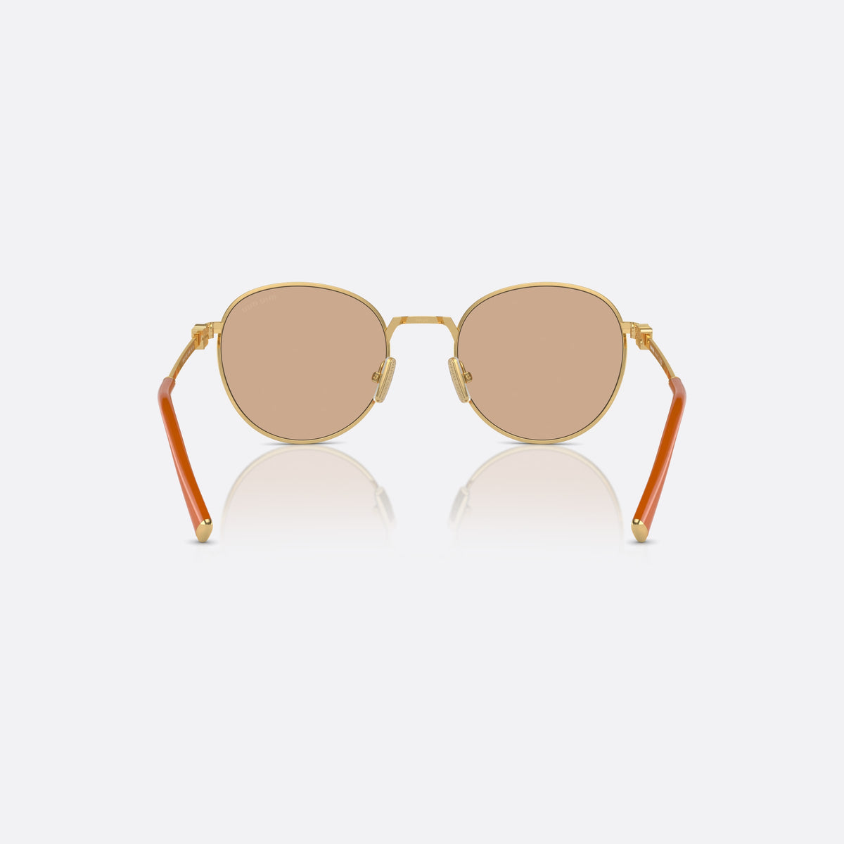 Miu Miu MU 55ZS 5AK-40D sunglasses, gold round frame for women, plain metal bridge, brand logo plaque on temples, back view