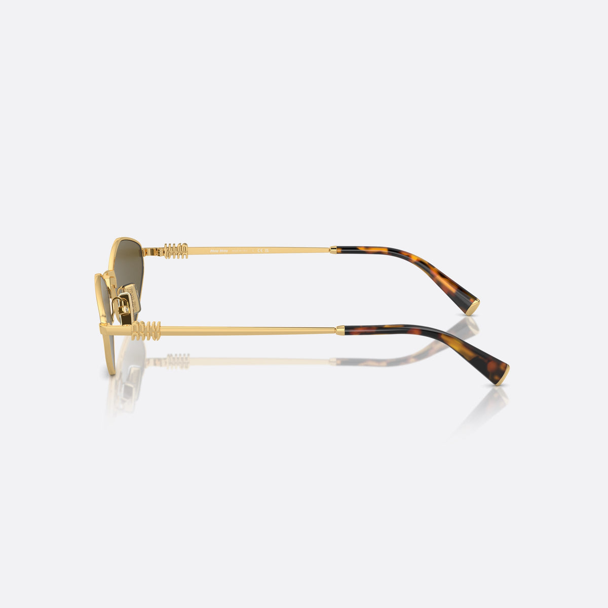 Ochelari de soare Miu Miu MU 56ZS 5AK-09Z, neregulat auriu, pentru femei, punte metalică simplă, literele brandului pe brațe, vedere laterală