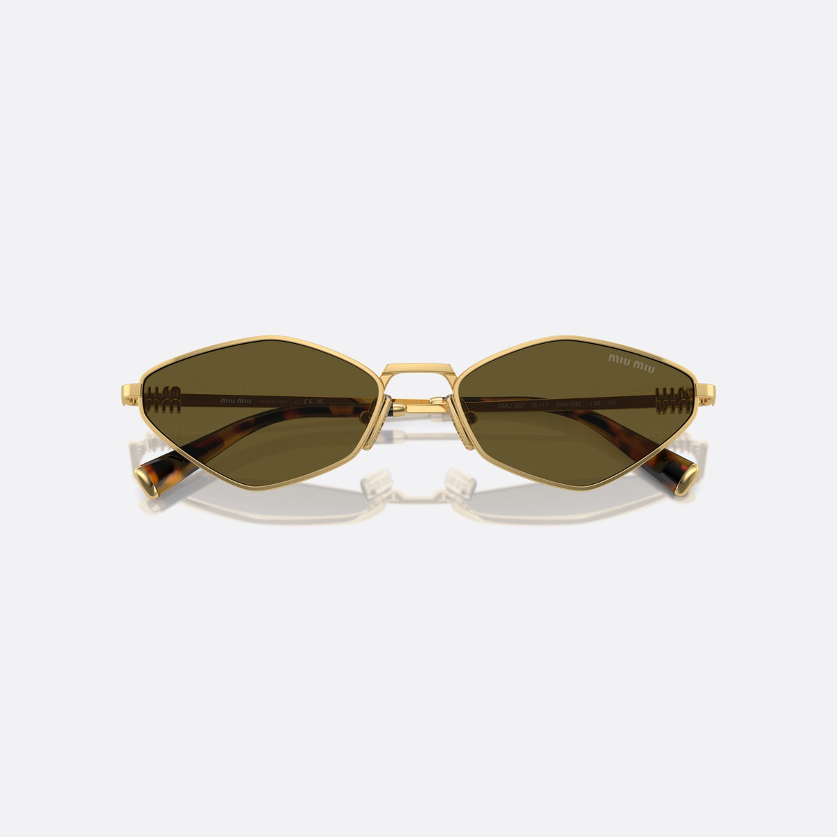 Ochelari de soare Miu Miu MU 56ZS 5AK-09Z, neregulat auriu, pentru femei, punte metalică simplă, literele brandului pe brațe, cu brațele pliate