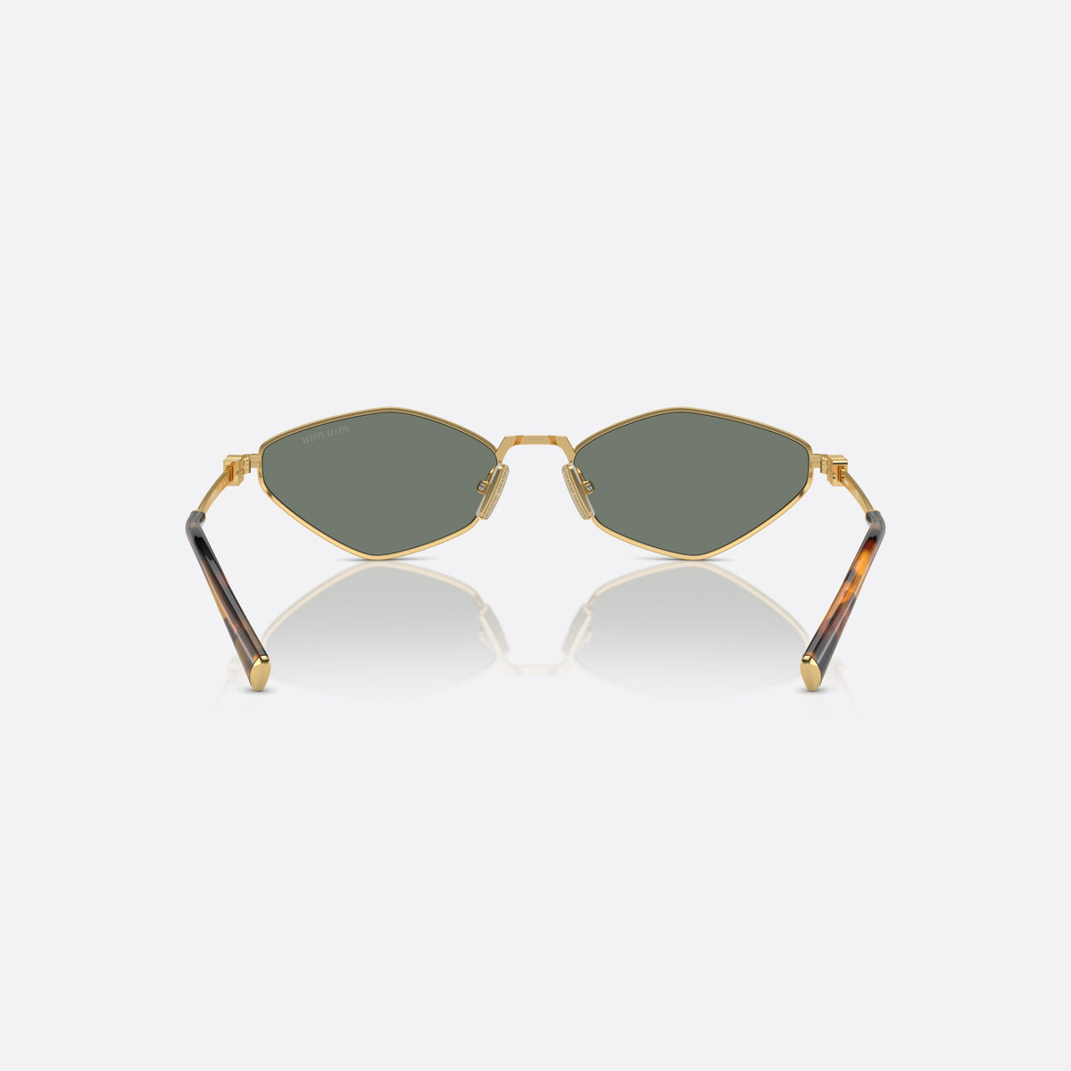 Ochelari de soare Miu Miu MU 56ZS 5AK04M, neregulat auriu, pentru femei, punte metalică simplă, logo al brandului pe brațe, vedere din spate