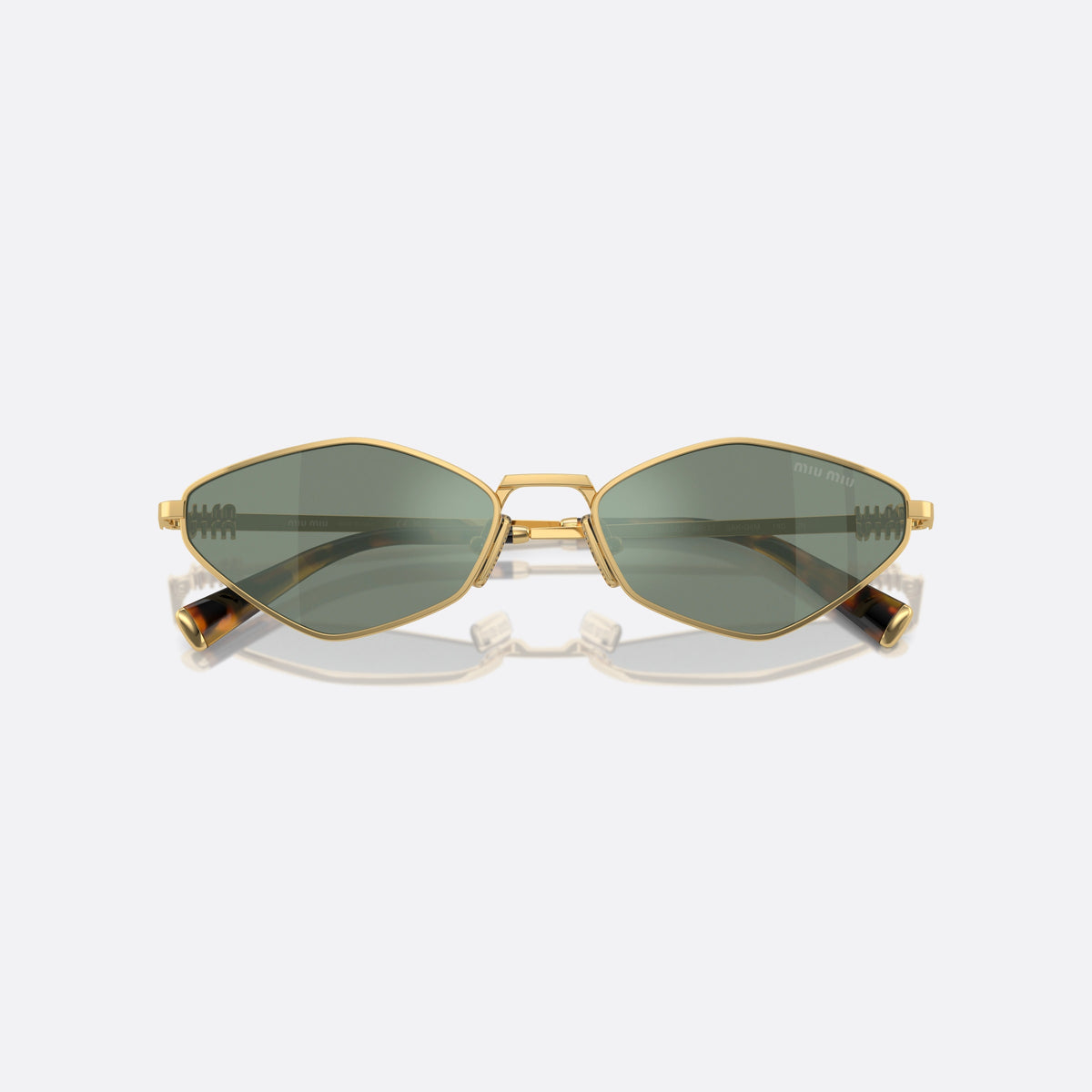 Ochelari de soare Miu Miu MU 56ZS 5AK04M, neregulat auriu, pentru femei, punte metalică simplă, logo al brandului pe brațe, cu brațele pliate