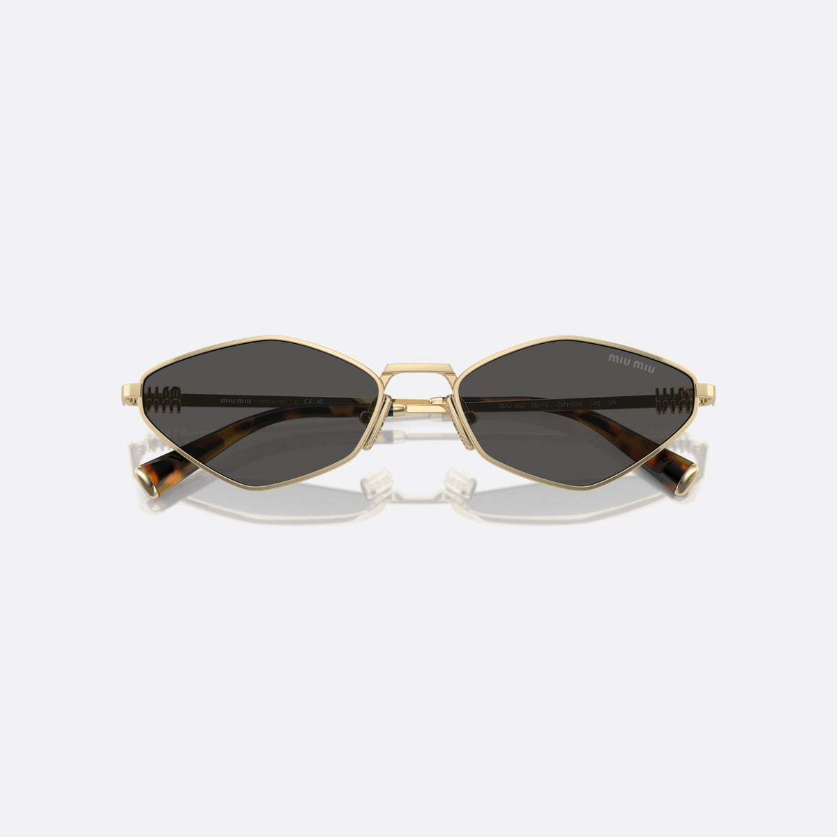 Ochelari de soare Miu Miu MU 56ZS ZVN-5S0, neregulat auriu, pentru femei, punte metalică simplă, placă cu logoul brandului pe brațe, cu brațele pliate