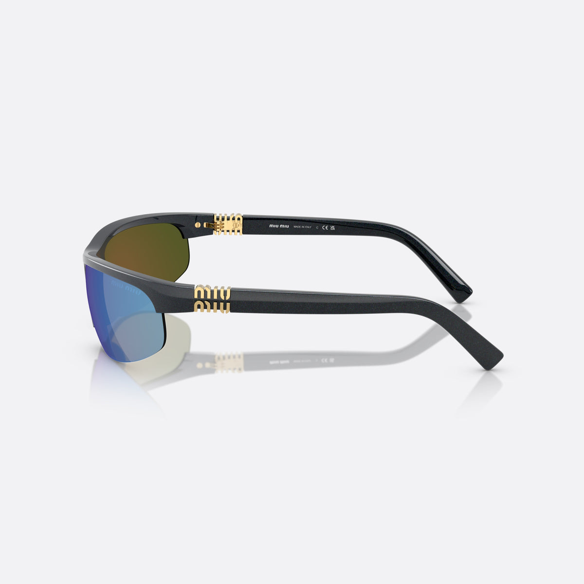 Miu Miu MU A02S 19Y10K sunglasses, grey oval frame for women, plain bridge, integrated into frame, slim tapered temples, side view