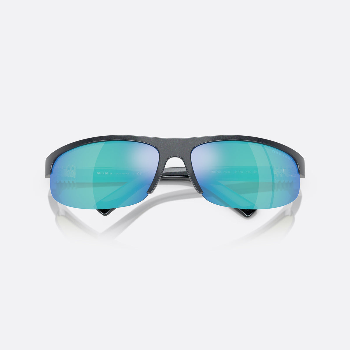 Miu Miu MU A02S 19Y10K sunglasses, grey oval frame for women, plain bridge, integrated into frame, slim tapered temples, folded