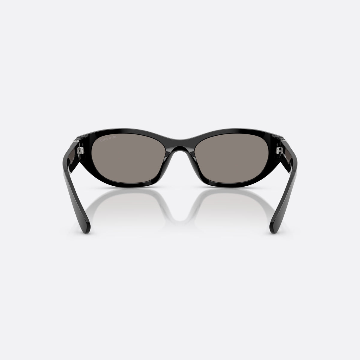 Miu Miu MU A03S 16K80Q sunglasses, black irregular frame for women, plain bridge, brand lettering on temples, full-rim frame, back view