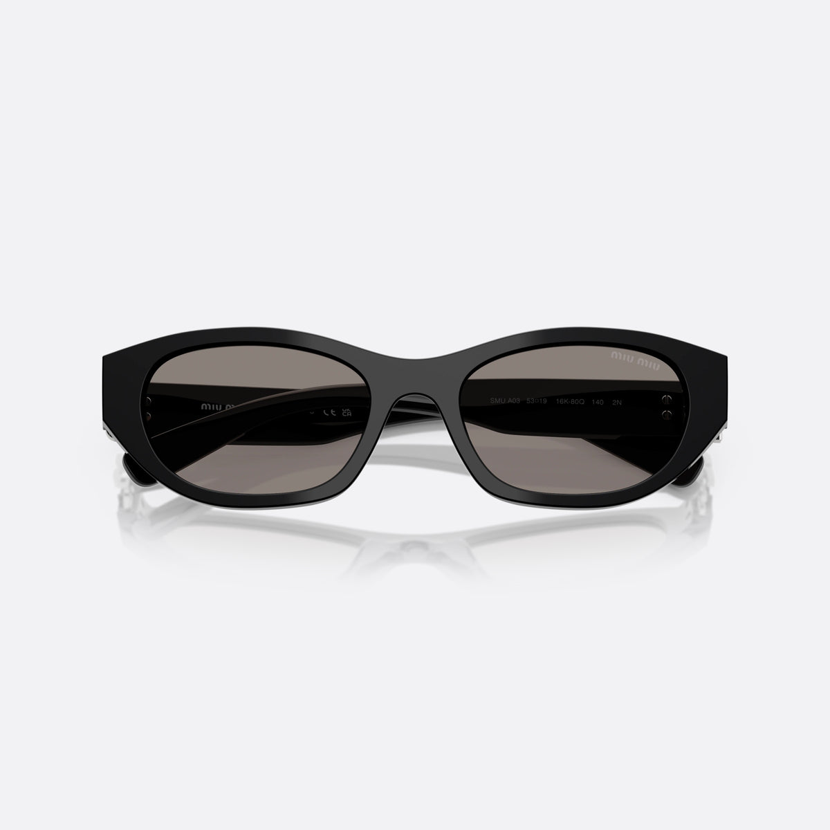 Miu Miu MU A03S 16K80Q sunglasses, black irregular frame for women, plain bridge, brand lettering on temples, full-rim frame, folded