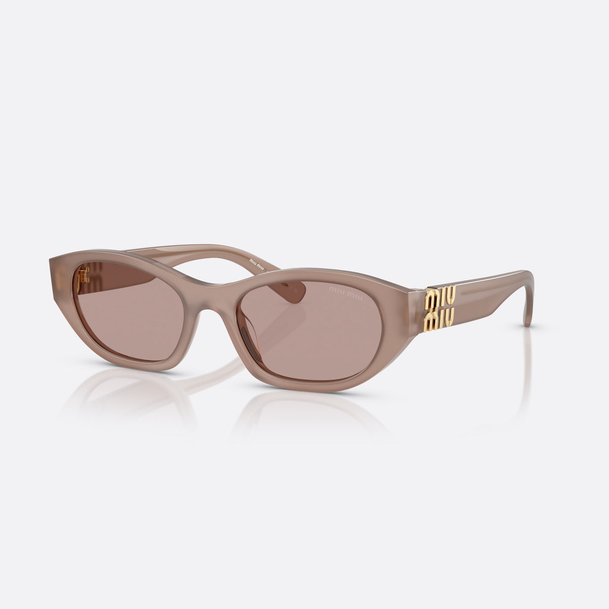 Miu Miu MU A03S 28L20I sunglasses, grey irregular frame for women, plain bridge, integrated, brand lettering on temples