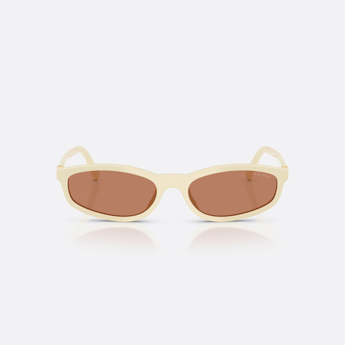 Miu Miu MU A06S 21D90Q sunglasses, white irregular frame for women, plain integrated bridge, brand logo plaque on temple, front view