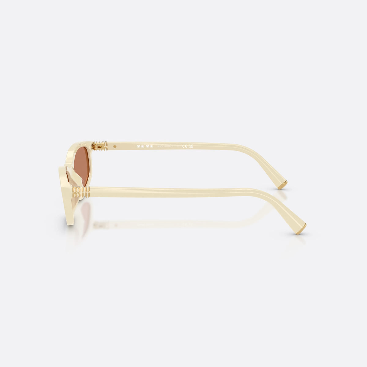 Miu Miu MU A06S 21D90Q sunglasses, white irregular frame for women, plain integrated bridge, brand logo plaque on temple, side view