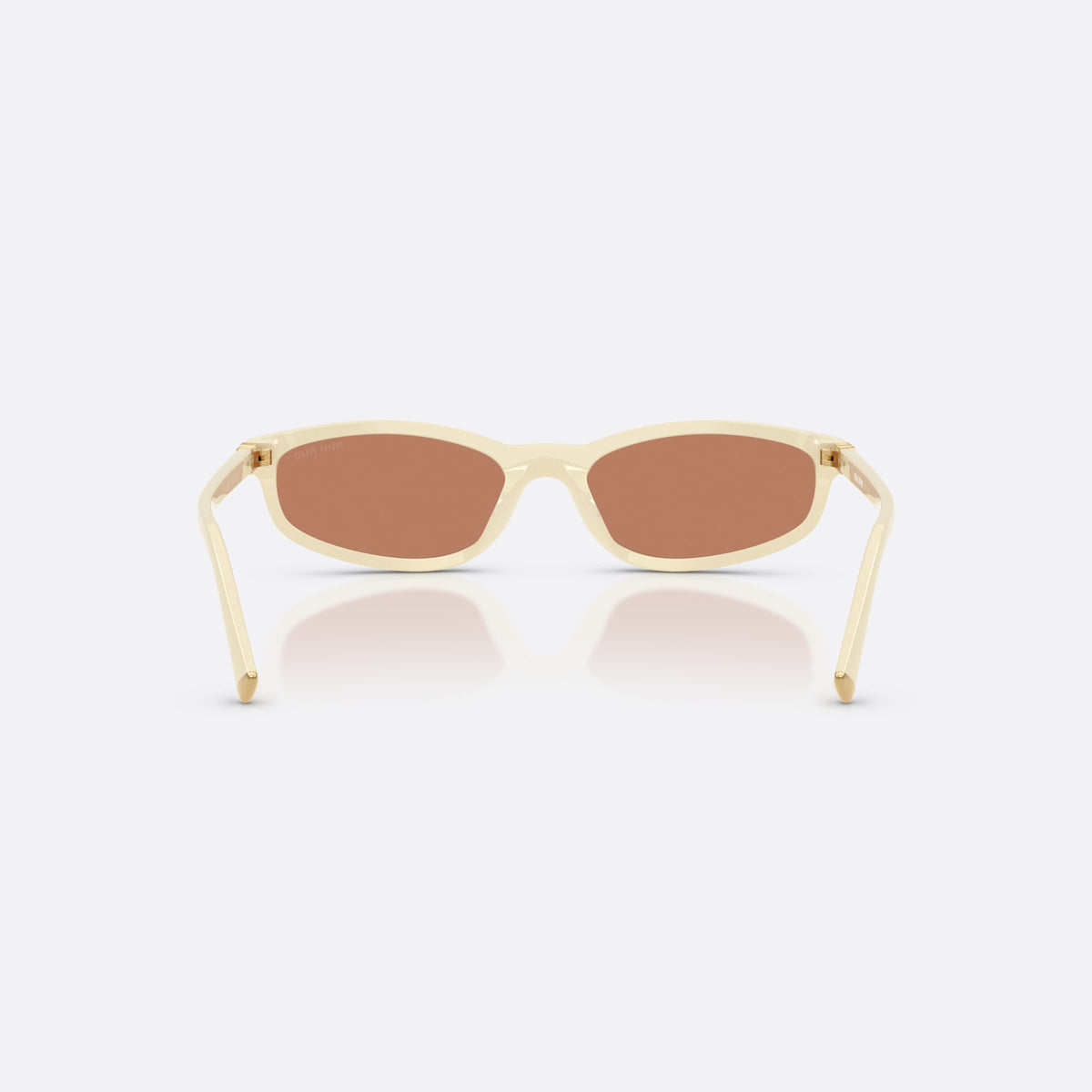 Miu Miu MU A06S 21D90Q sunglasses, white irregular frame for women, plain integrated bridge, brand logo plaque on temple, back view