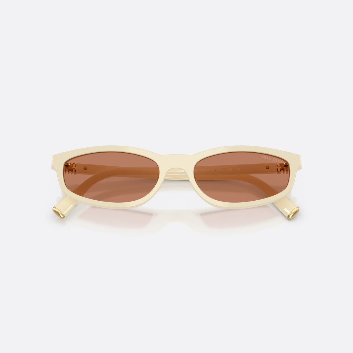 Miu Miu MU A06S 21D90Q sunglasses, white irregular frame for women, plain integrated bridge, brand logo plaque on temple, folded
