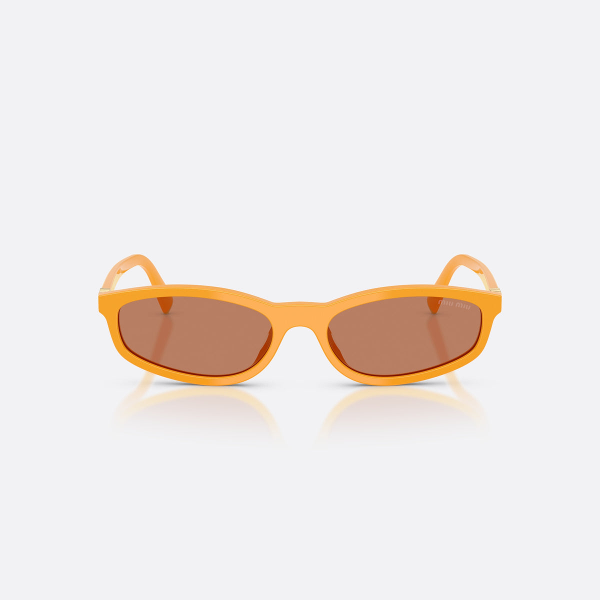 Miu Miu MU A06S 22D90Q sunglasses, yellow irregular frame for women, plain integrated bridge, brand logo plaque on temple, front view