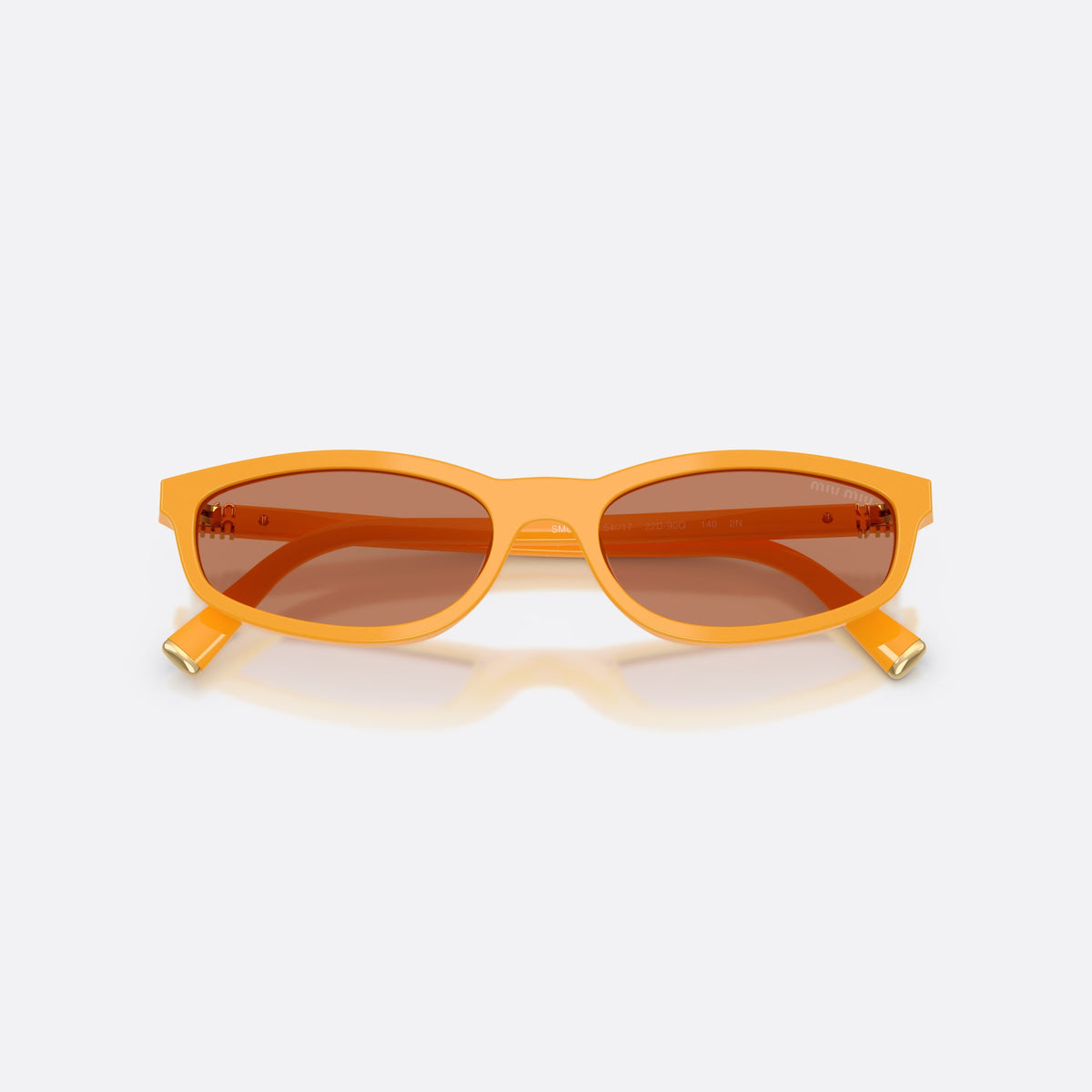 Miu Miu MU A06S 22D90Q sunglasses, yellow irregular frame for women, plain integrated bridge, brand logo plaque on temple, folded