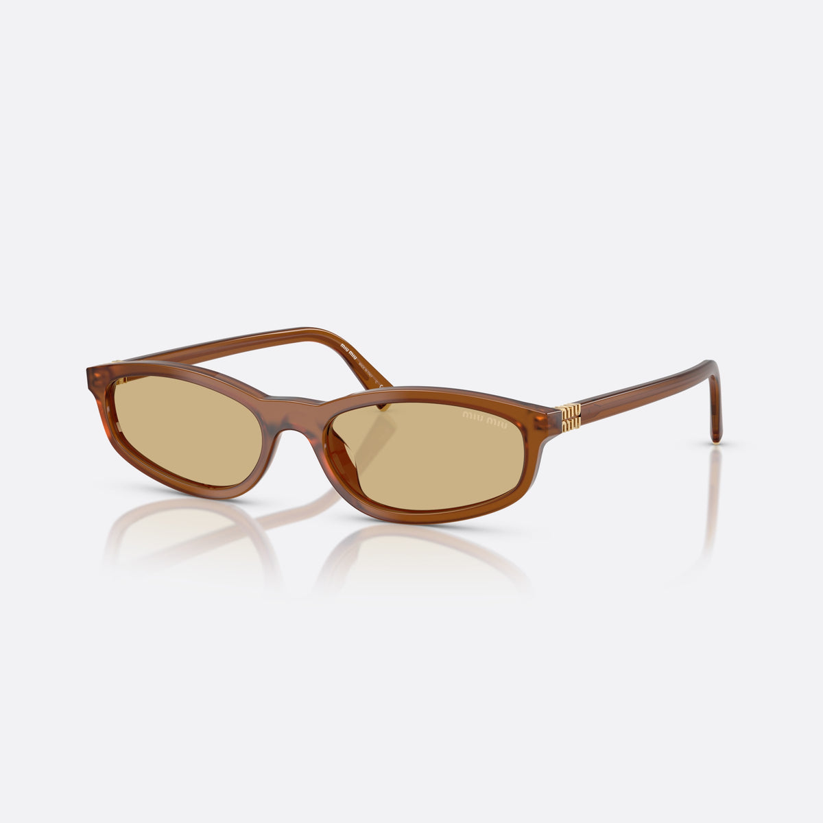Ochelari de soare Miu Miu MU A06S 22I10R, neregulat maro, pentru femei, punte integrată simplă, placă cu logo-ul brandului pe braț
