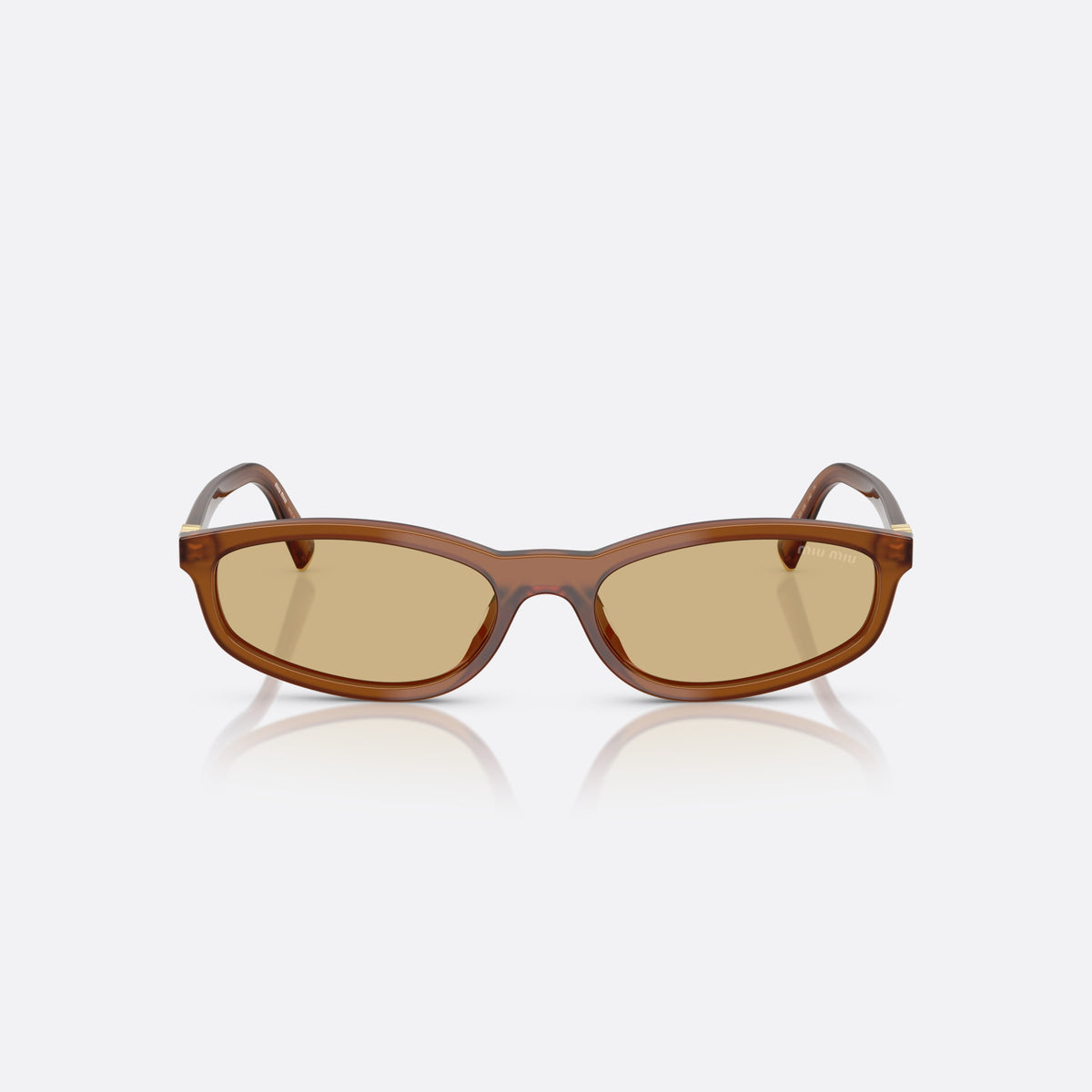 Ochelari de soare Miu Miu MU A06S 22I10R, neregulat maro, pentru femei, punte integrată simplă, placă cu logo-ul brandului pe braț, vedere din față