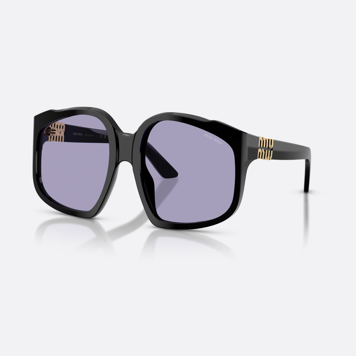 Miu Miu MU A07S 16K01O sunglasses, black irregular frame for women, plain bridge, single piece, slim tapered temples