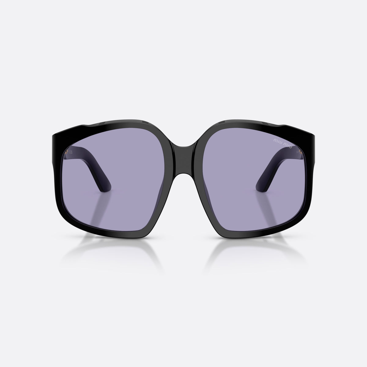 Miu Miu MU A07S 16K01O sunglasses, black irregular frame for women, plain bridge, single piece, slim tapered temples, front view