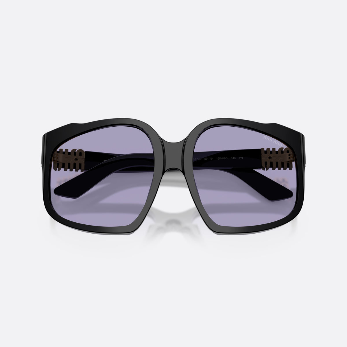 Miu Miu MU A07S 16K01O sunglasses, black irregular frame for women, plain bridge, single piece, slim tapered temples, folded