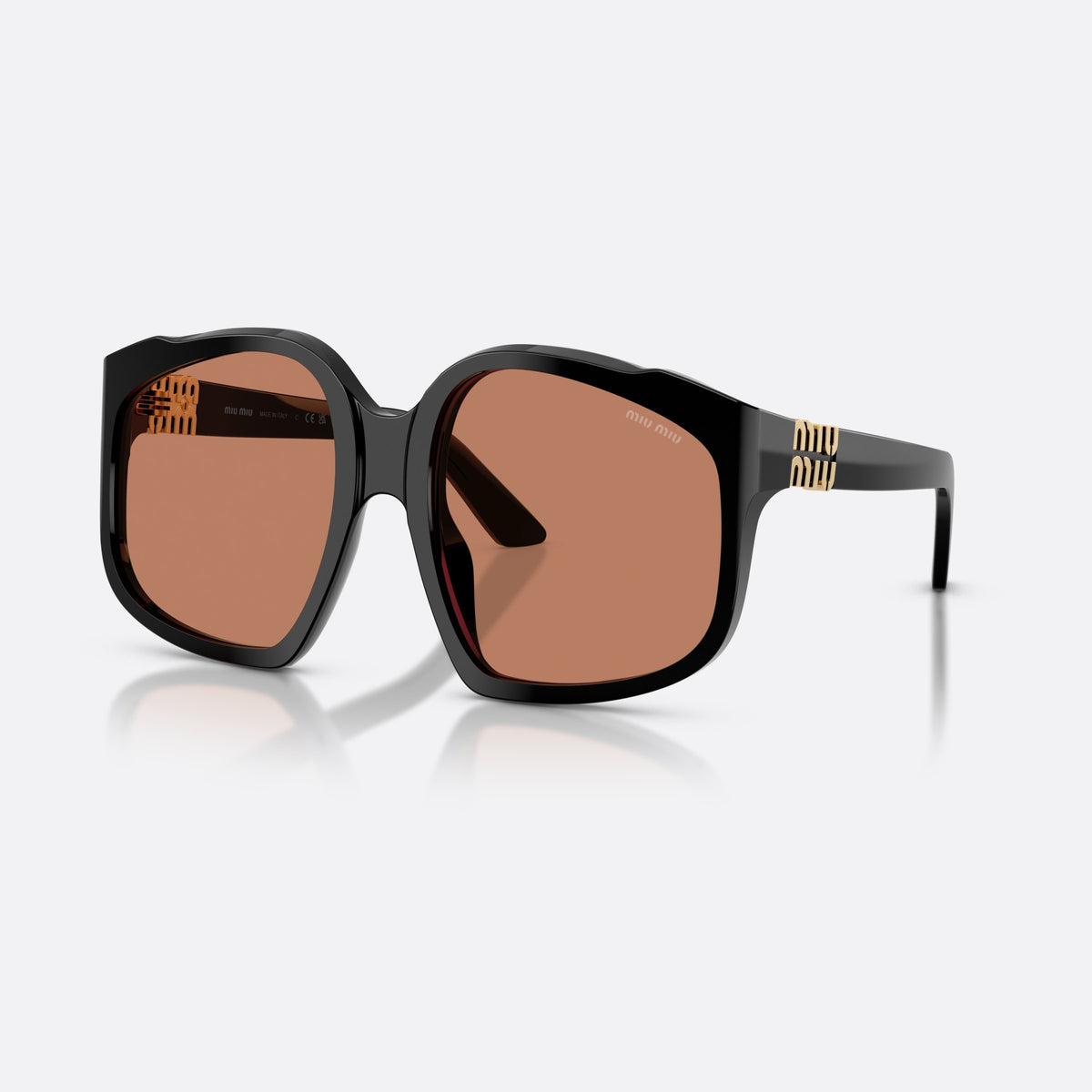 Miu Miu MU A07S 16K90Q sunglasses, black irregular frame for women, plain bridge, brand logo on temples, full rim