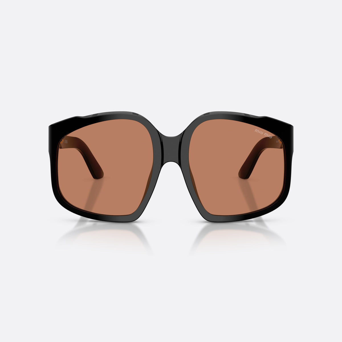 Miu Miu MU A07S 16K90Q sunglasses, black irregular frame for women, plain bridge, brand logo on temples, full rim, front view