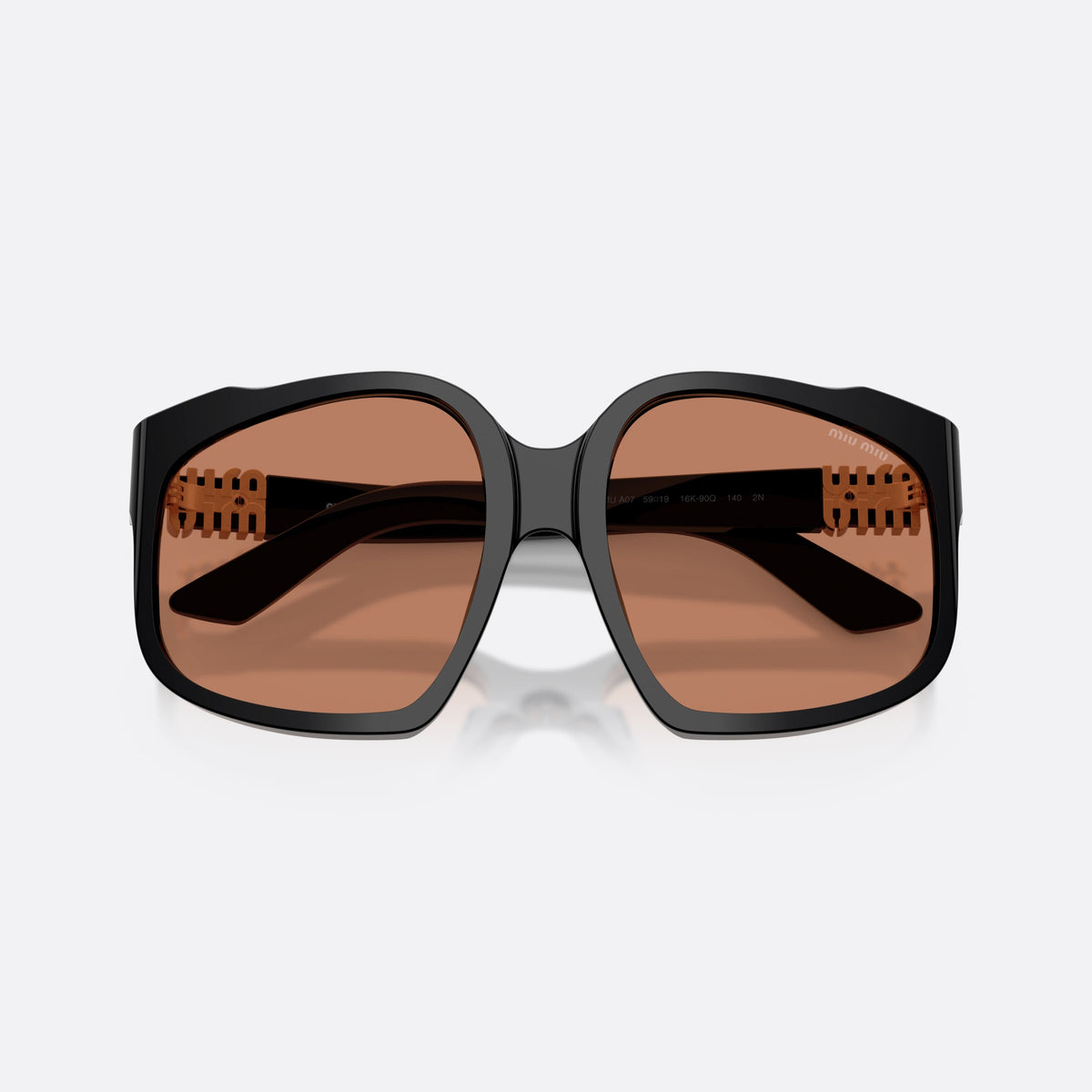 Miu Miu MU A07S 16K90Q sunglasses, black irregular frame for women, plain bridge, brand logo on temples, full rim, folded