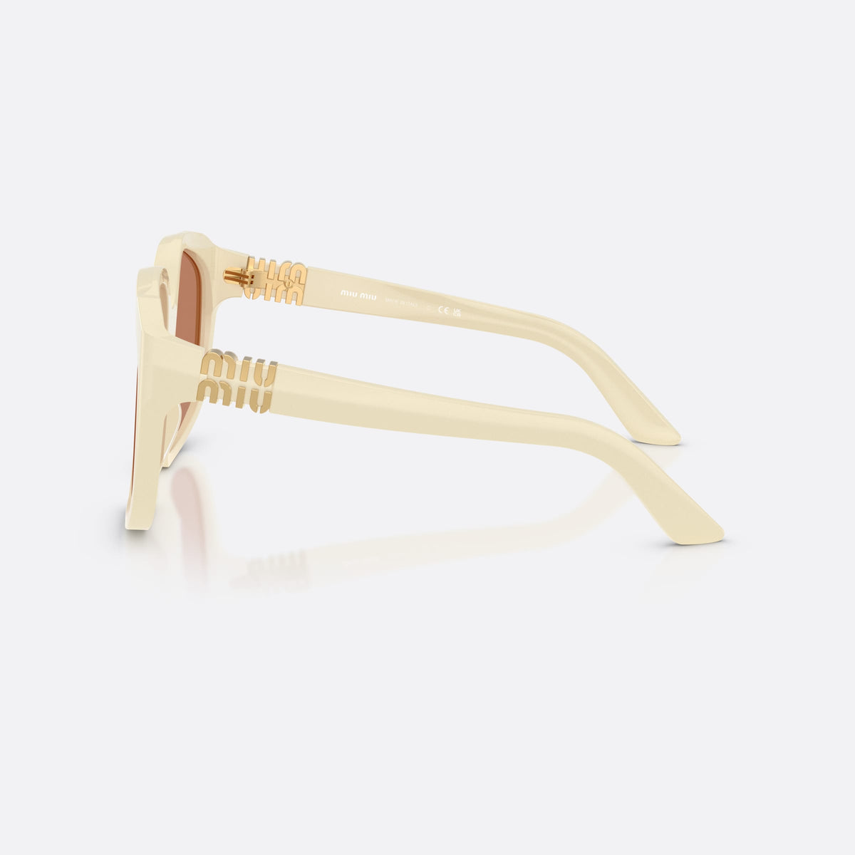 Miu Miu MU A07S 21D90Q sunglasses, white irregular frame for women, plain bridge, brand lettering on temples, full rim, side view