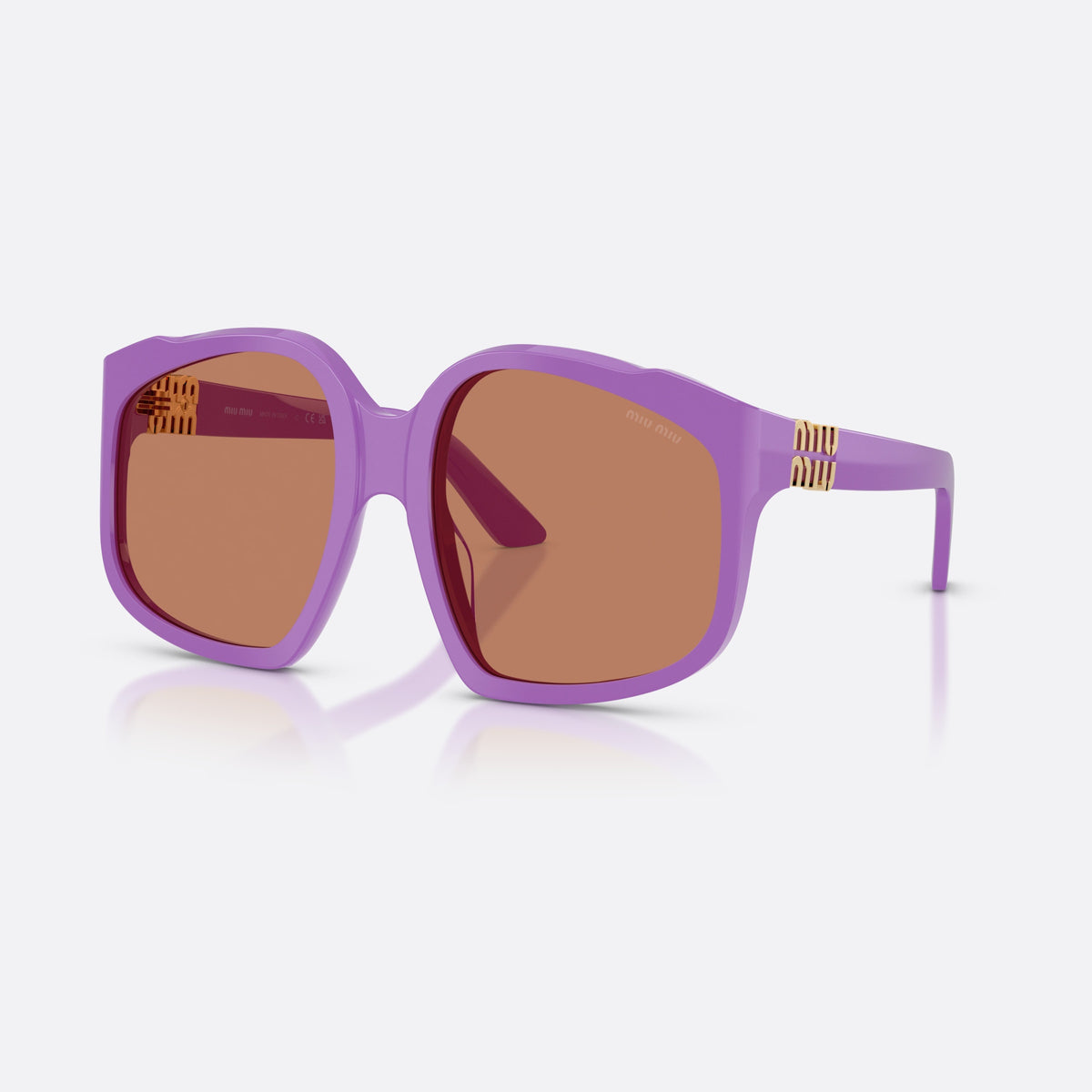 Miu Miu MU A07S 25D90Q sunglasses, violet irregular frame for women, plain integrated bridge, brand lettering on temples