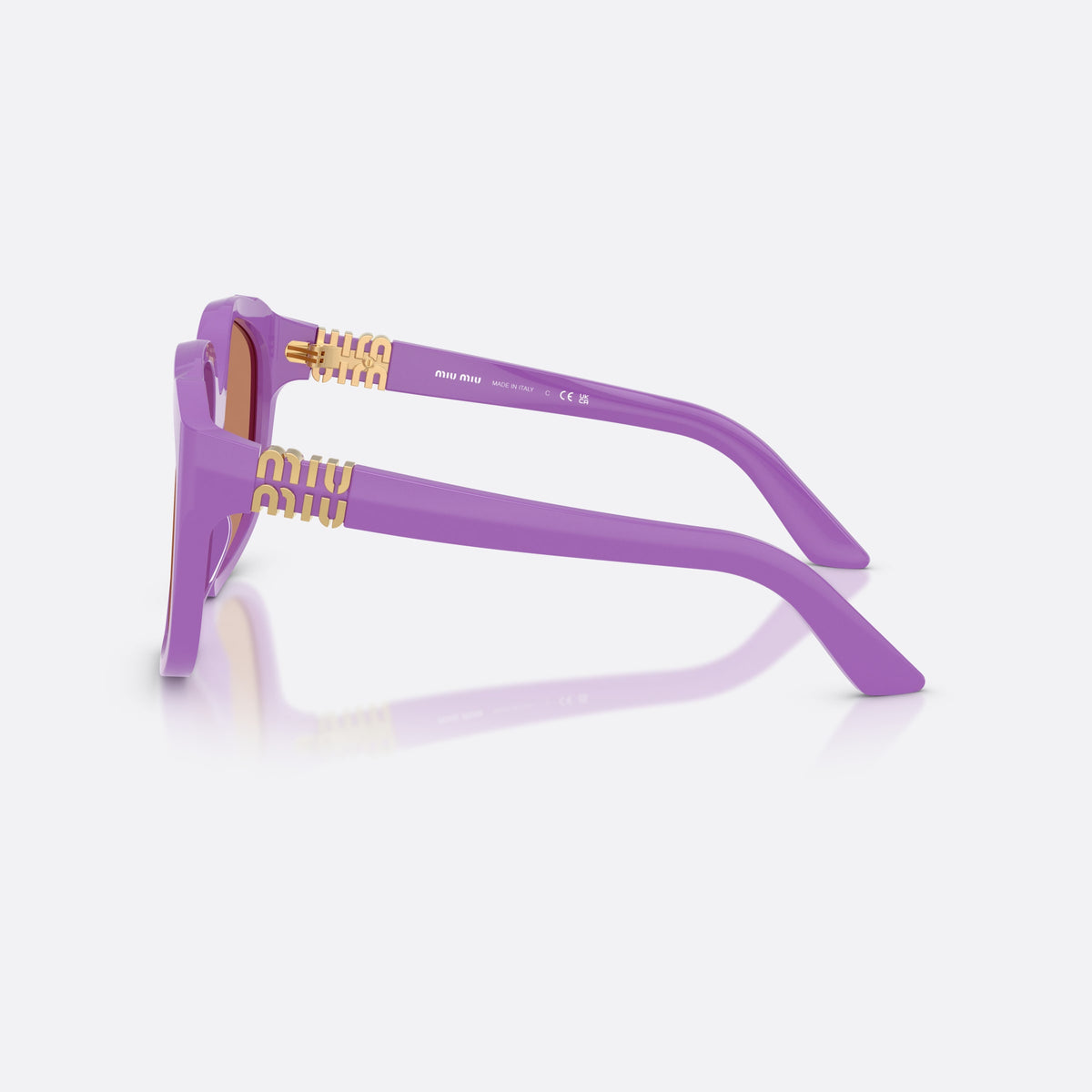 Miu Miu MU A07S 25D90Q sunglasses, violet irregular frame for women, plain integrated bridge, brand lettering on temples, side view