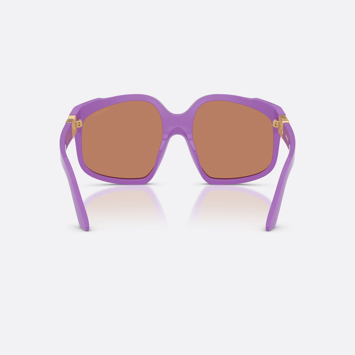 Miu Miu MU A07S 25D90Q sunglasses, violet irregular frame for women, plain integrated bridge, brand lettering on temples, back view