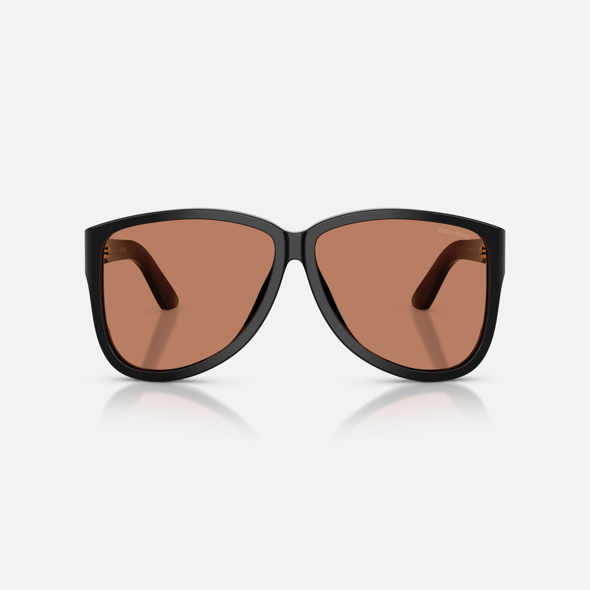 Miu Miu MU A08S 16K90Q sunglasses, black pilot frame for women, plain bridge, brand lettering on temple, full-rim frame, front view