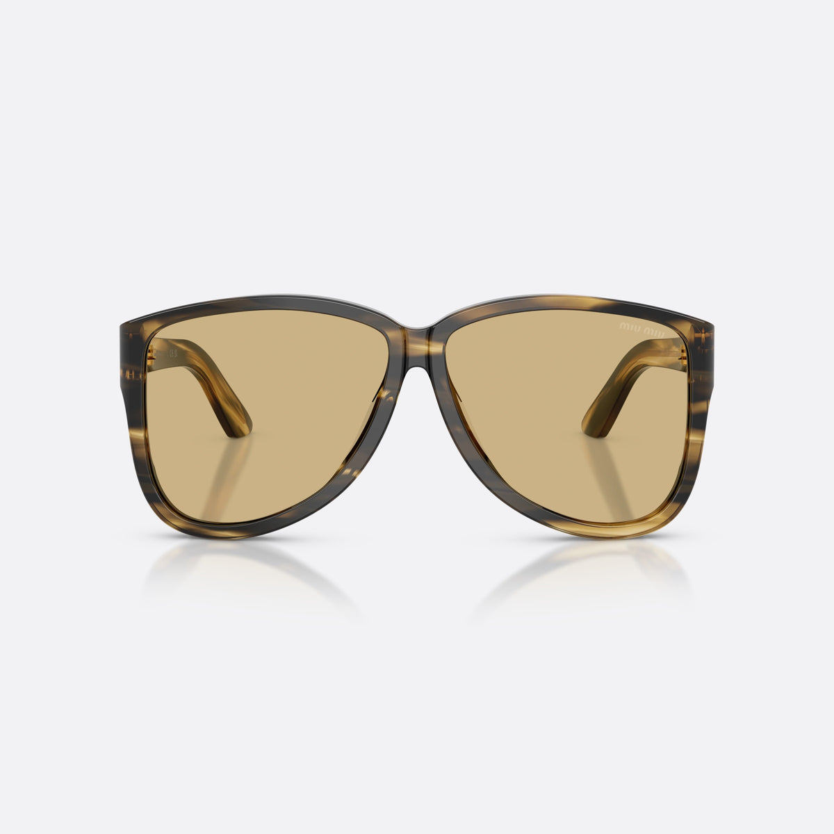 Miu Miu MU A08S 25E1OR sunglasses, green pilot frame for women, plain bridge joining lenses, wide tapered temples, front view