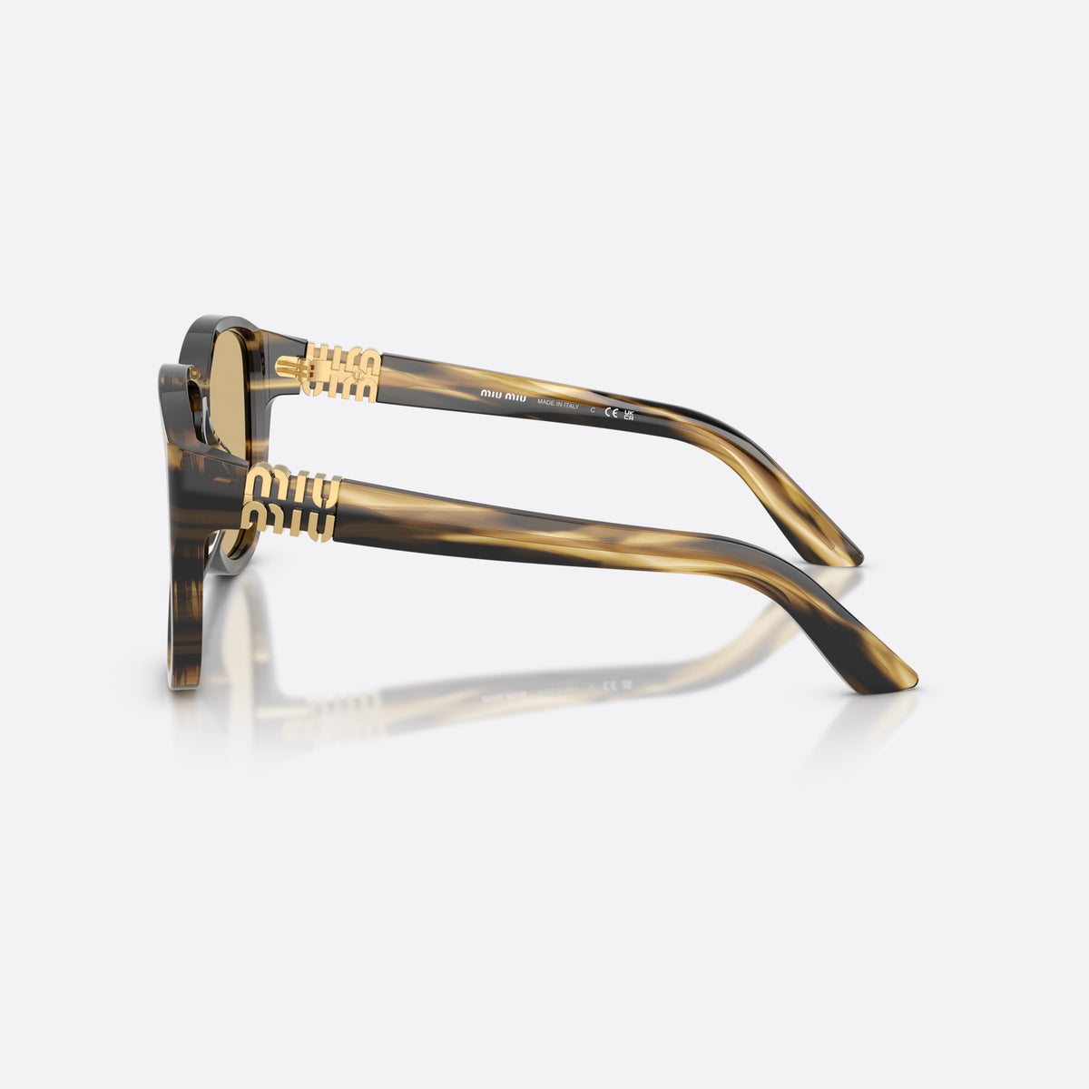 Miu Miu MU A08S 25E1OR sunglasses, green pilot frame for women, plain bridge joining lenses, wide tapered temples, side view