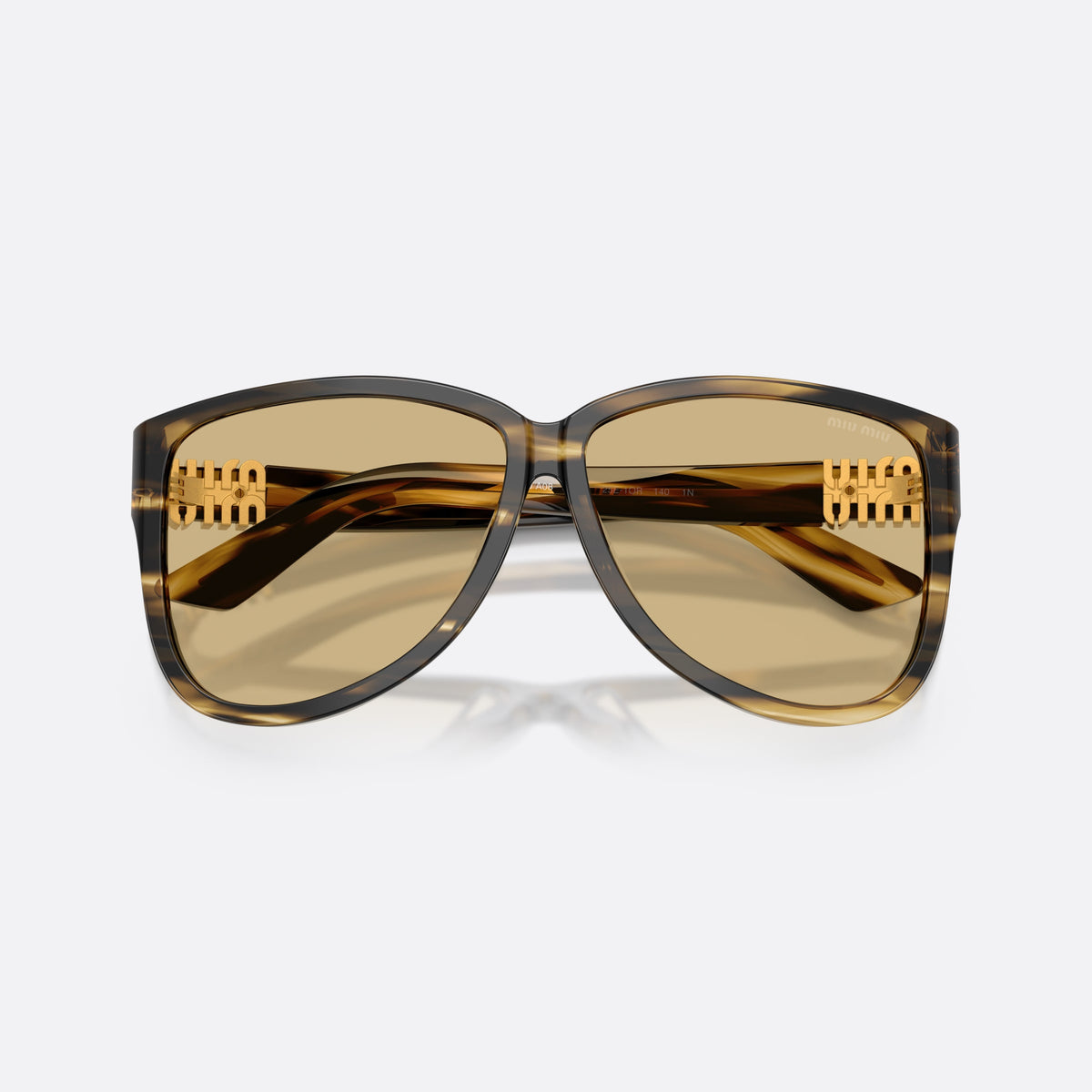 Miu Miu MU A08S 25E1OR sunglasses, green pilot frame for women, plain bridge joining lenses, wide tapered temples, folded