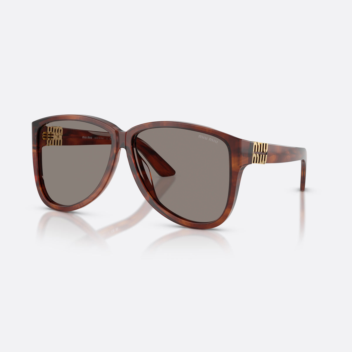 Miu Miu MU A08S 26E80Q sunglasses, brown pilot frame for women, plain bridge, brand logo plaque on temples
