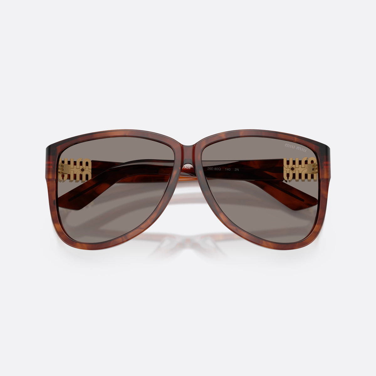 Miu Miu MU A08S 26E80Q sunglasses, brown pilot frame for women, plain bridge, brand logo plaque on temples, folded