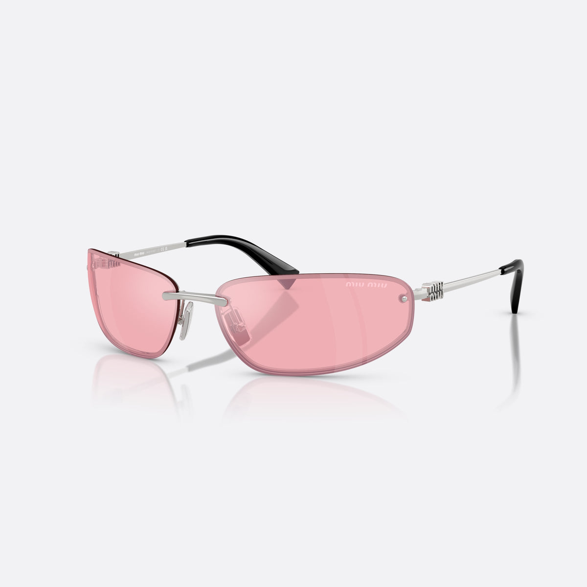 Miu Miu MU A50S 1BC70J sunglasses, silver oval frame for women, integrated metal bridge, brand lettering on temples